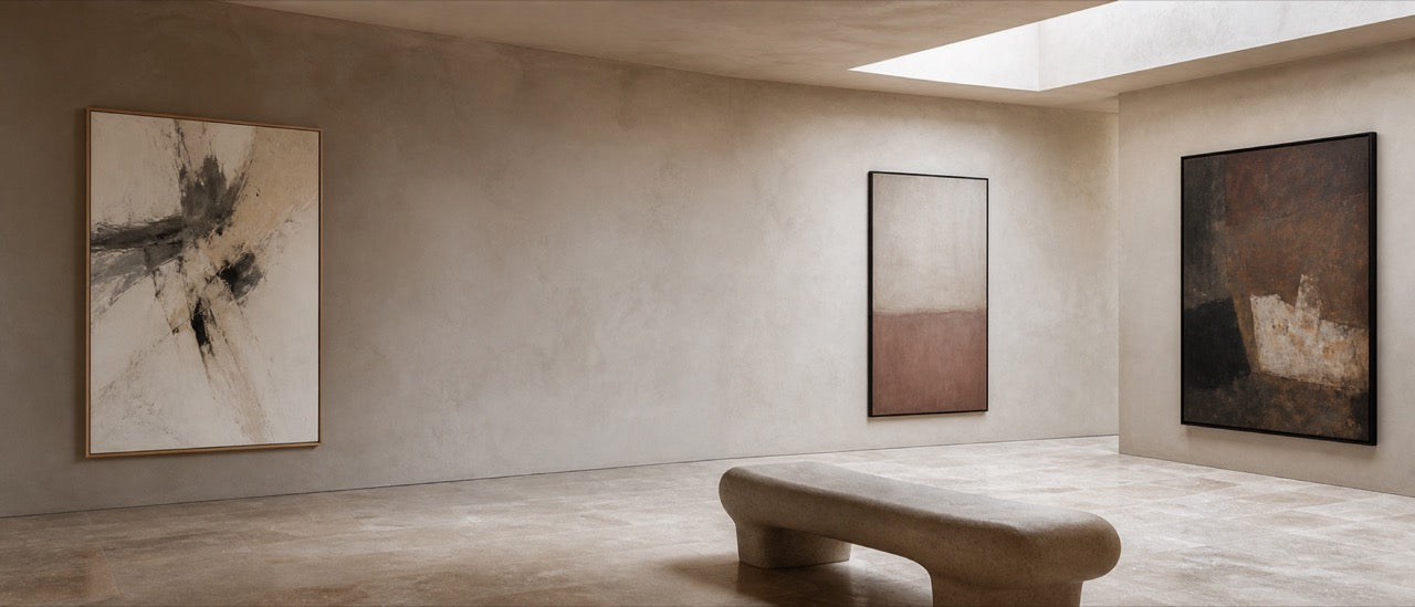 Galerieraum mit mehreren gehängten Werken, Skylight und Sitzbank aus Stein