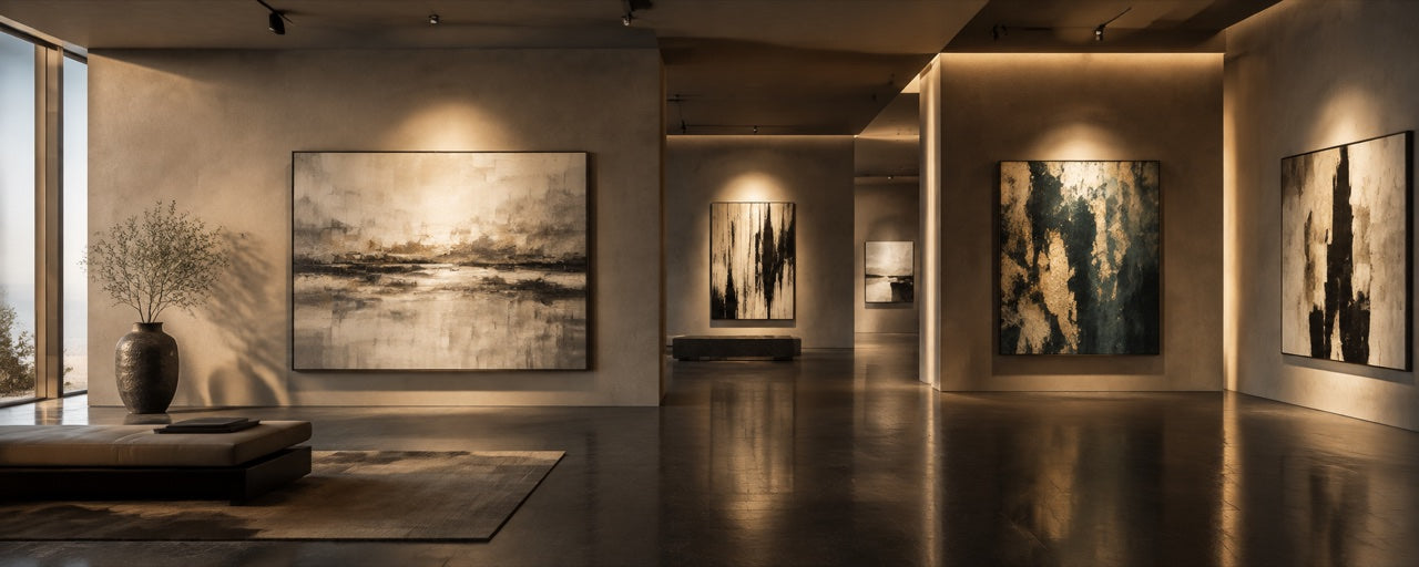 Ausstellungsraum mit warm beleuchteten Werken, Sitzbank und Blick in weitere Räume