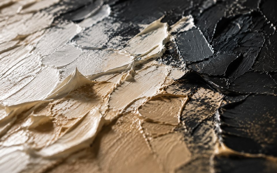 Nahaufnahme einer pastos aufgetragenen Acryloberfläche mit sichtbaren Spachtel- und Pinselspuren